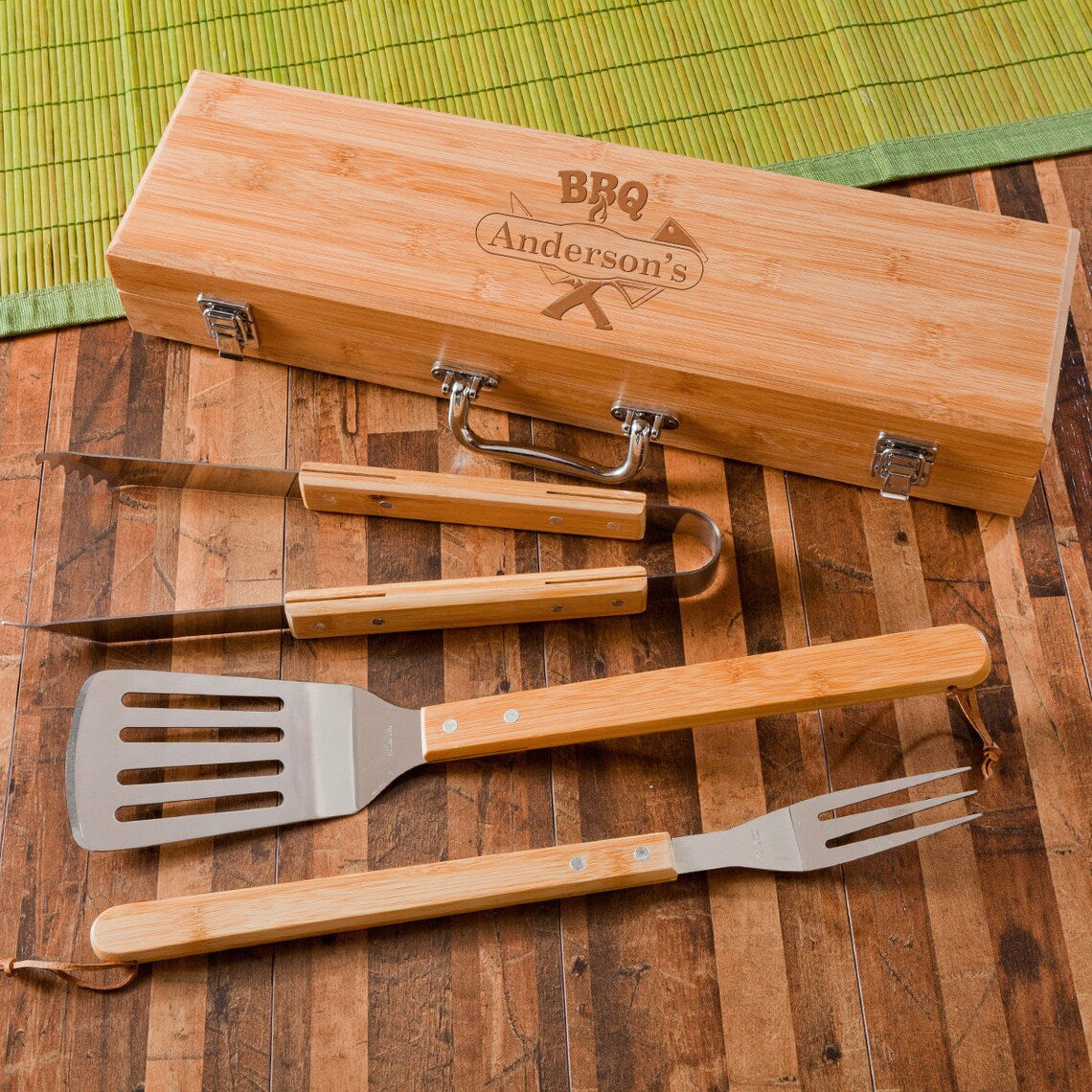 Personalized 3-Piece Stainless Steel and Bamboo BBQ Set