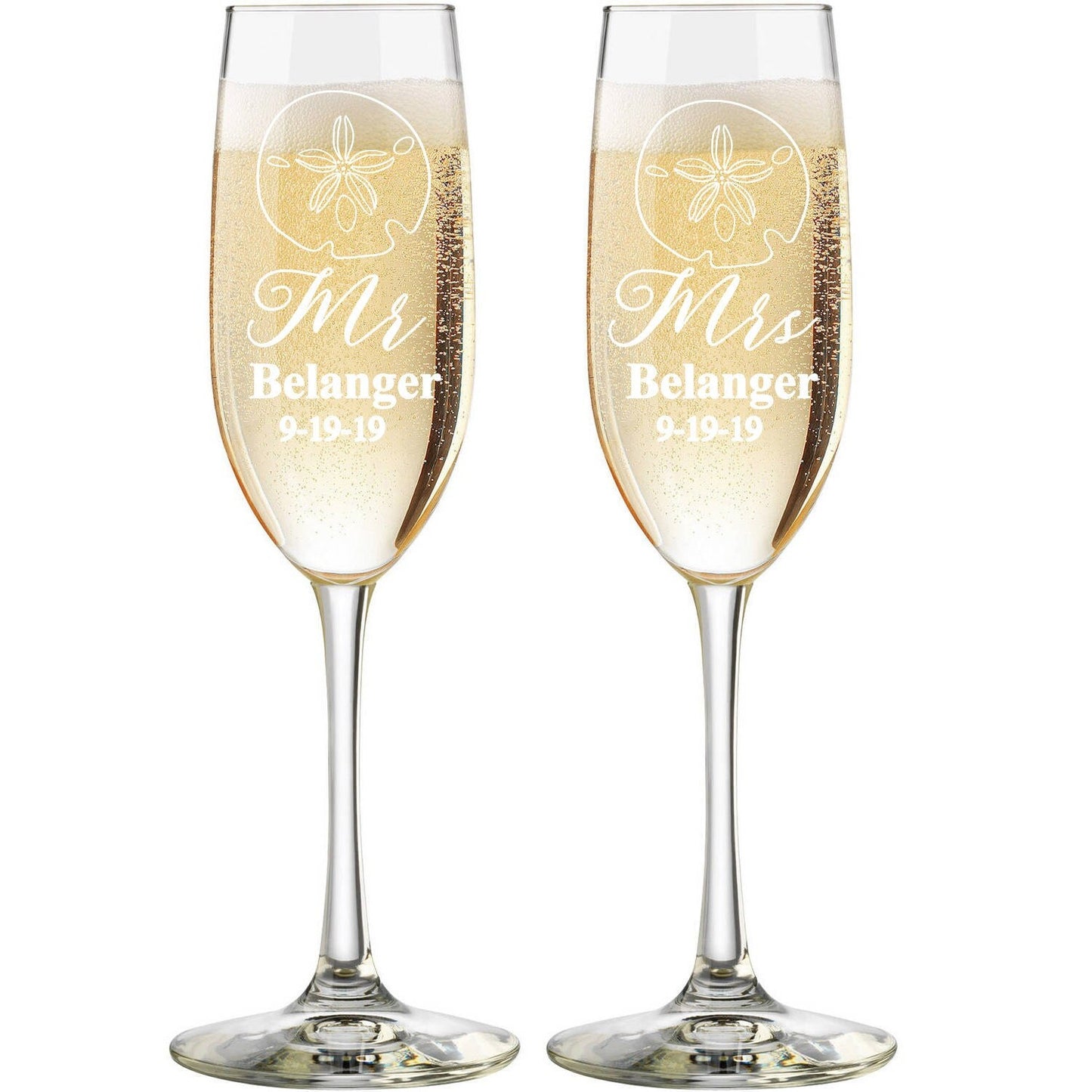 Personalized Mr. & Mrs. Beach | Sand Dollar | Champagne Toasting Flute Set