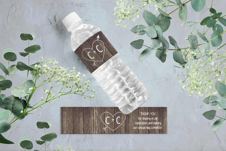 Carved Initials with Heart | Heart with Arrow | Wedding Water Bottle Labels