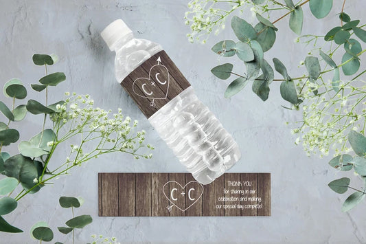 Carved Initials with Heart | Heart with Arrow | Wedding Water Bottle Labels
