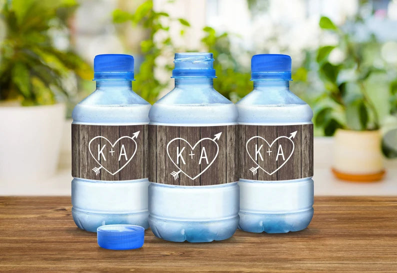 Carved Initials with Heart | Heart with Arrow | Wedding Water Bottle Labels