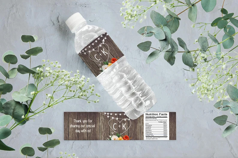 Carved Initials with Heart | Rustic | Heart with Arrow | Market Lights | Wedding Water Bottle Labels