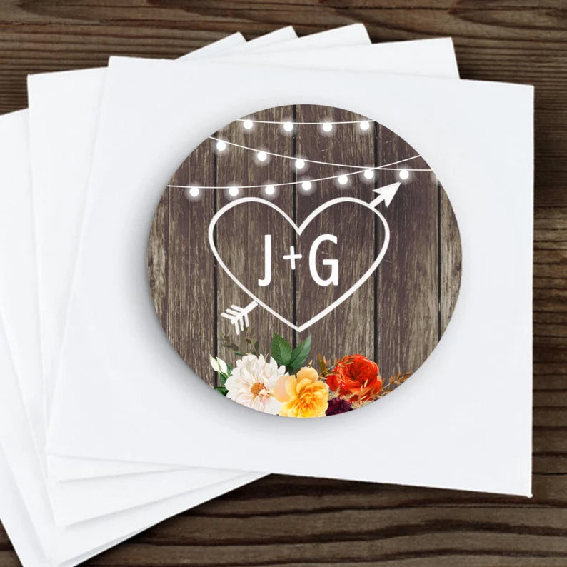 Carved Initials with Heart | Rustic | Heart with Arrow | Market Lights | Wedding Favor Stickers