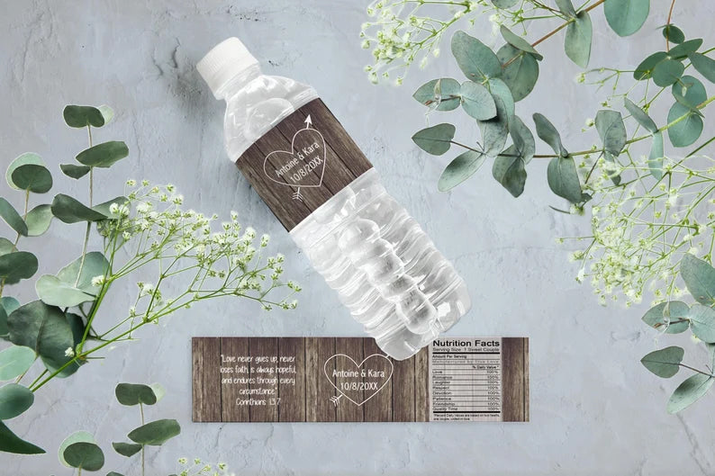 Carved Names with Heart | Heart with Arrow | Wedding Water Bottle Labels