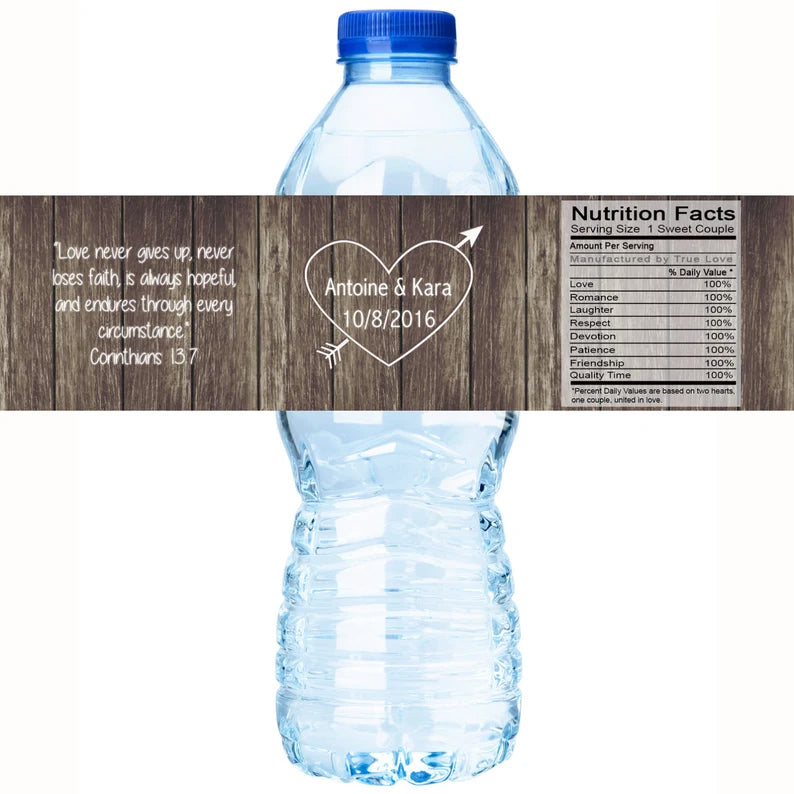 Carved Names with Heart | Heart with Arrow | Wedding Water Bottle Labels