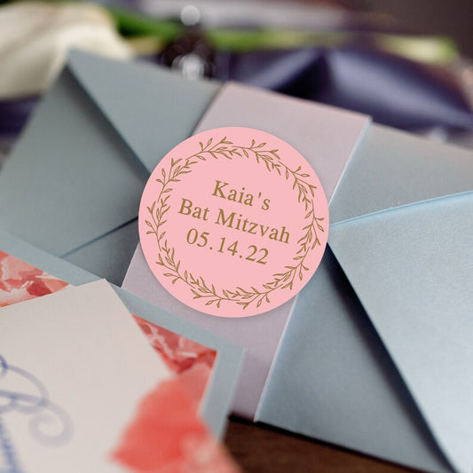 Gold Foliage Wreath |  Bat Mitzvah | Glossy Favor Stickers