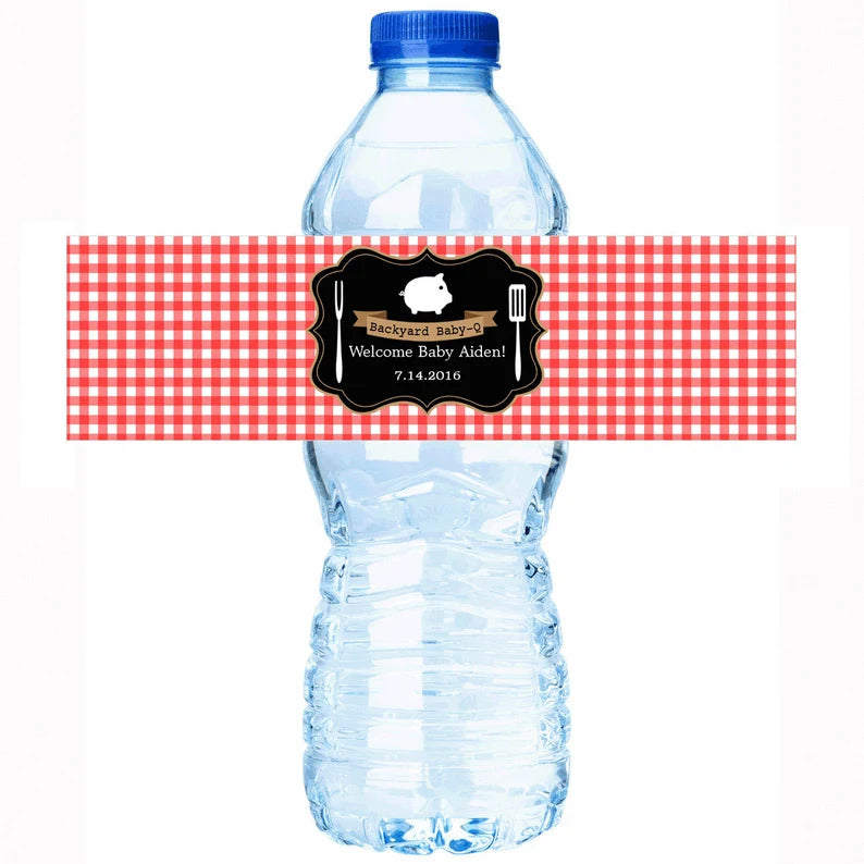 Red Gingham BBQ | Baby Shower | Wedding | Water Bottle Labels