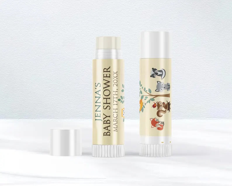 Woodlands Theme Baby Shower | Glossy Lip Balm Labels