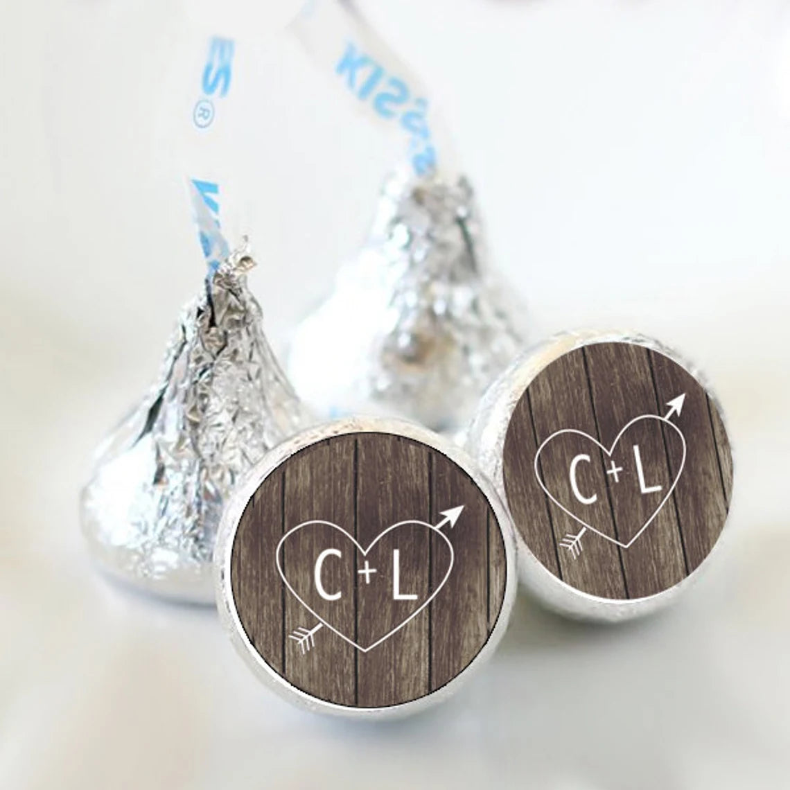 3/4" Wedding Kiss Stickers | Carved Initials with Heart | Heart with Arrow
