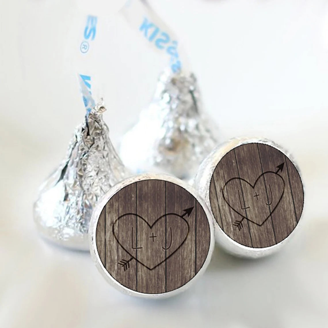 3/4" Wedding Kiss Stickers | Carved Initials with Heart | Heart with Arrow