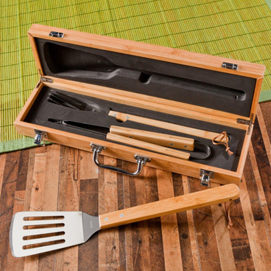 Personalized 3-Piece Stainless Steel and Bamboo BBQ Set