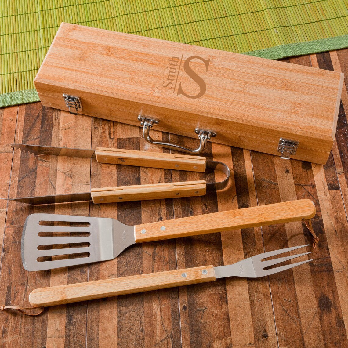 Personalized 3-Piece Stainless Steel and Bamboo BBQ Set
