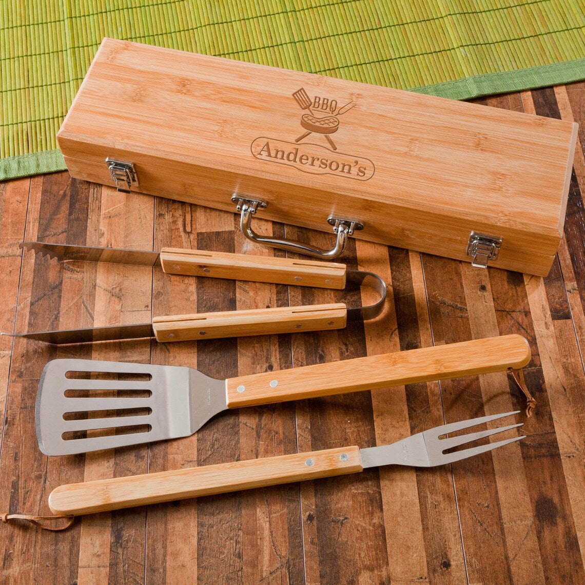 Personalized 3-Piece Stainless Steel and Bamboo BBQ Set