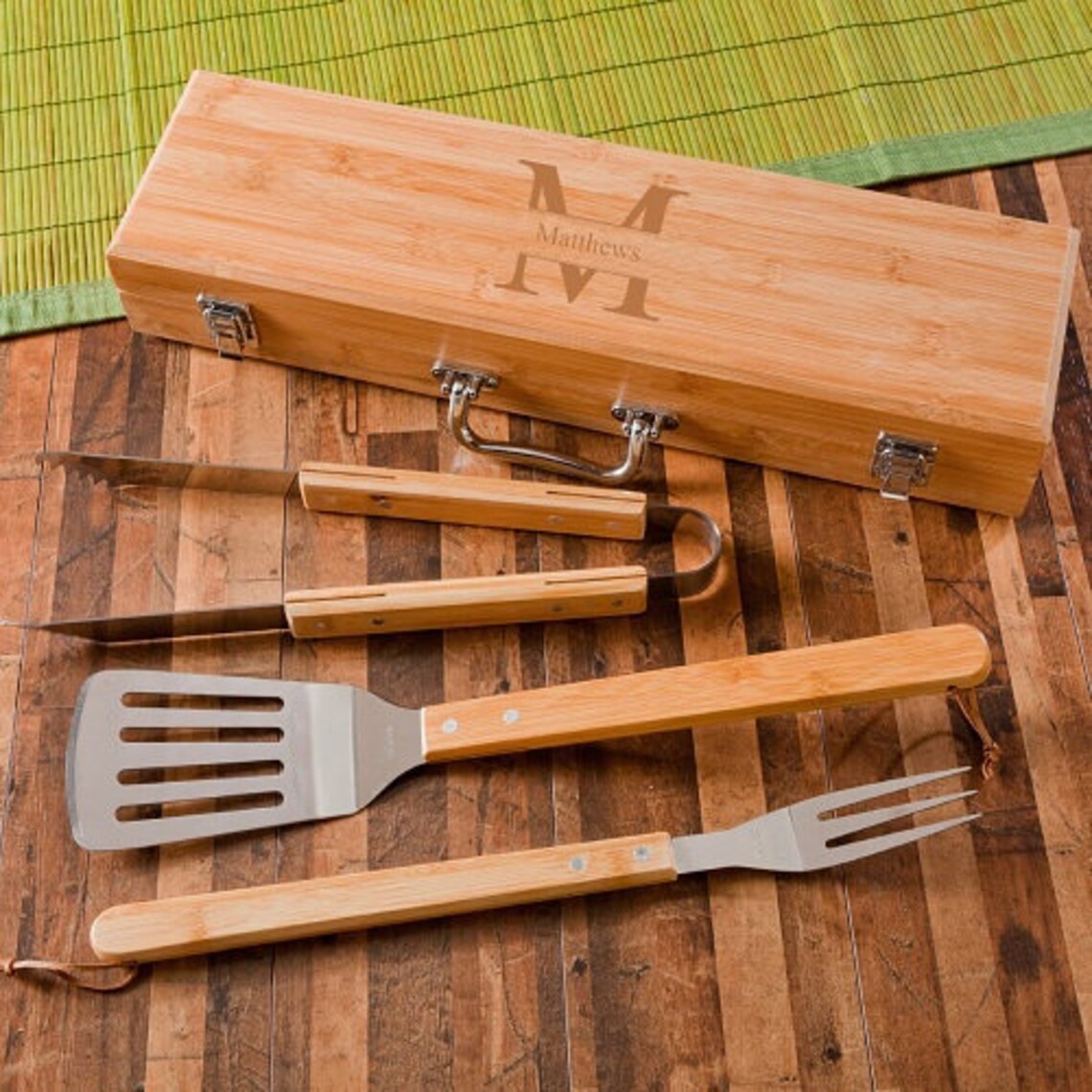 Personalized 3-Piece Stainless Steel and Bamboo BBQ Set