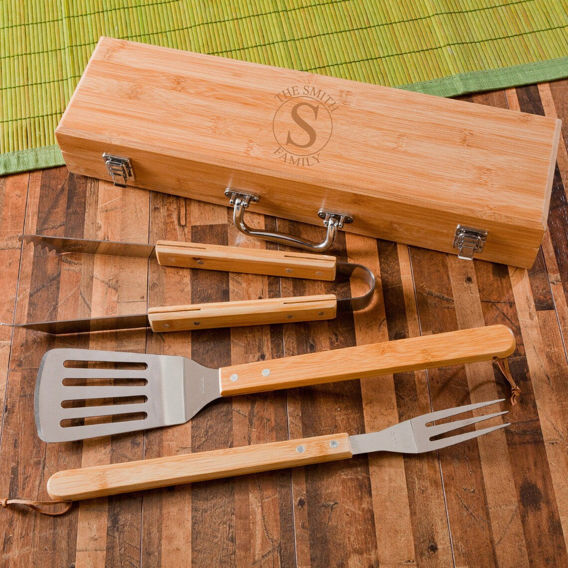 Personalized 3-Piece Stainless Steel and Bamboo BBQ Set