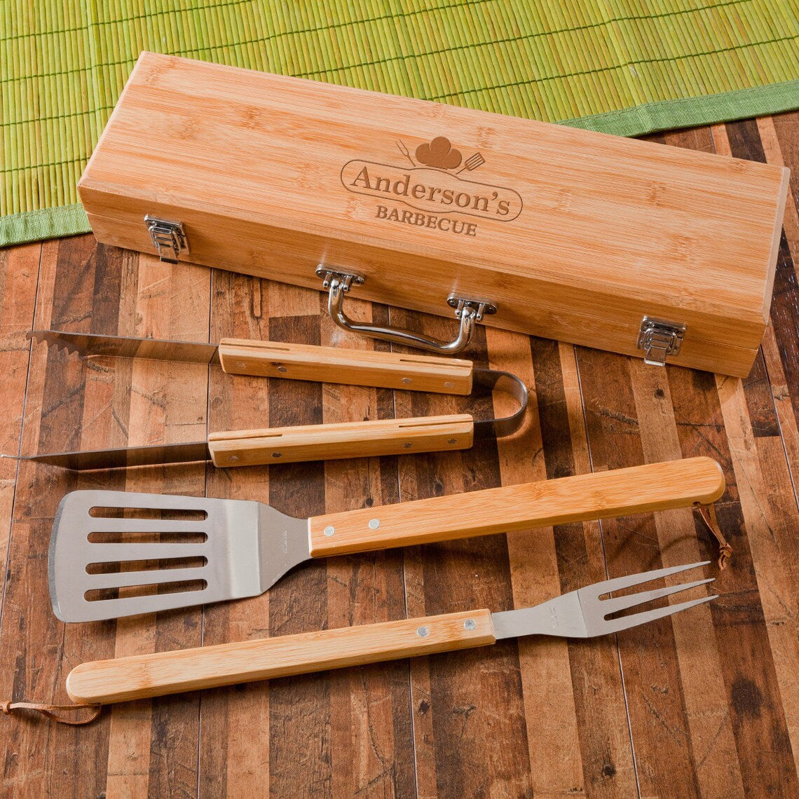 Personalized 3-Piece Stainless Steel and Bamboo BBQ Set