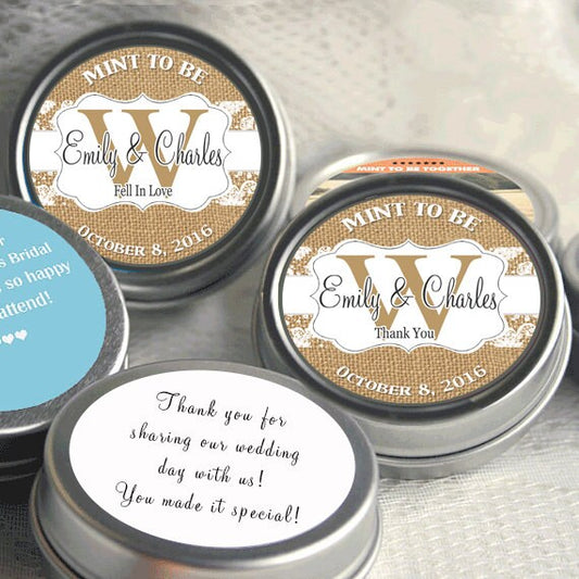 Personalized Mint to Be Burlap and Lace Wedding Favor Mint Tins