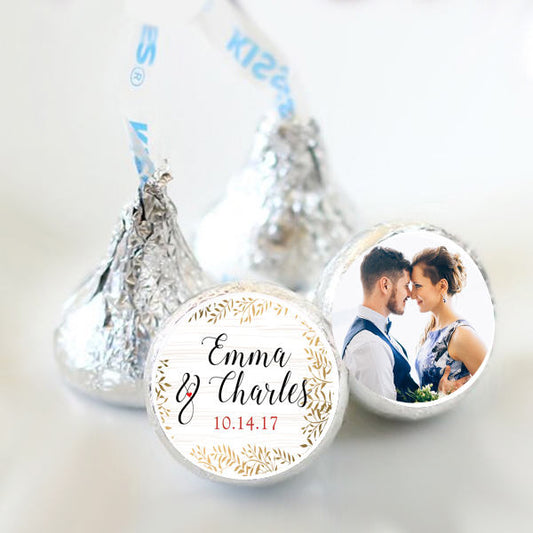 3/4" Personalized Wedding Kiss Stickers | Gold Leaves | Photo