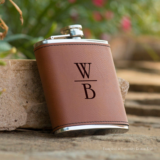 Vertical Initials Brown Vegan Leather Flask