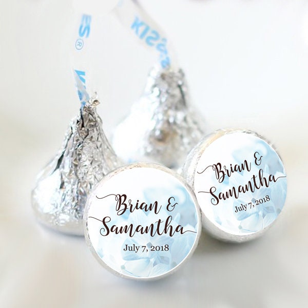 3/4" Personalized Wedding Kiss Stickers | Floral | Hydrangea Blue