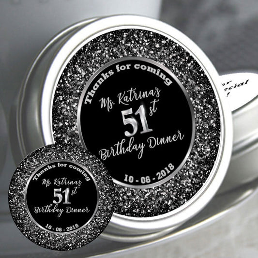 Silver and Black Birthday Favor Mint Tins