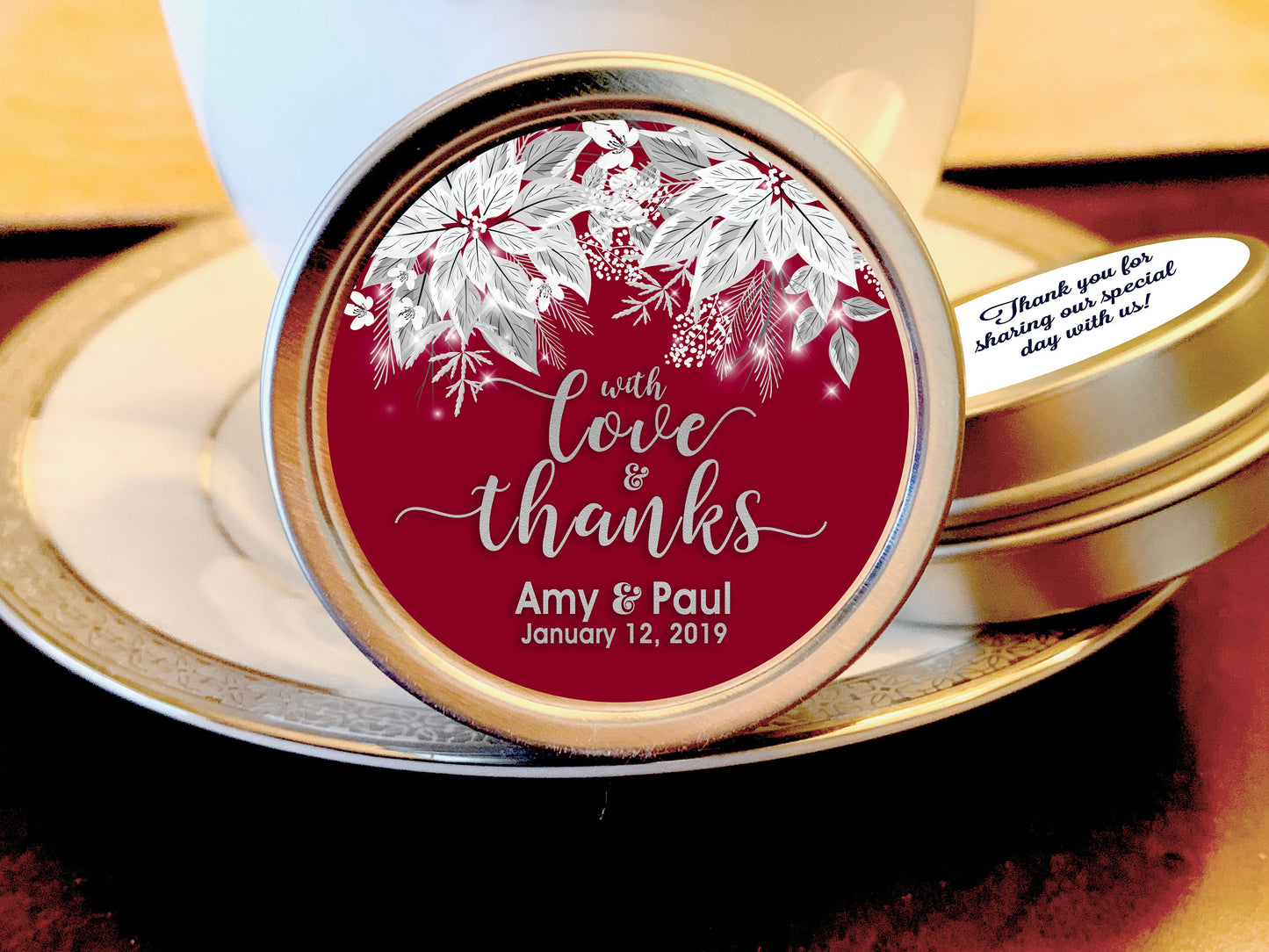 With Love and Thanks White Poinsettia Wedding Favor Mint Tins