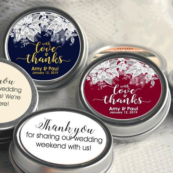 With Love and Thanks White Poinsettia Wedding Favor Mint Tins