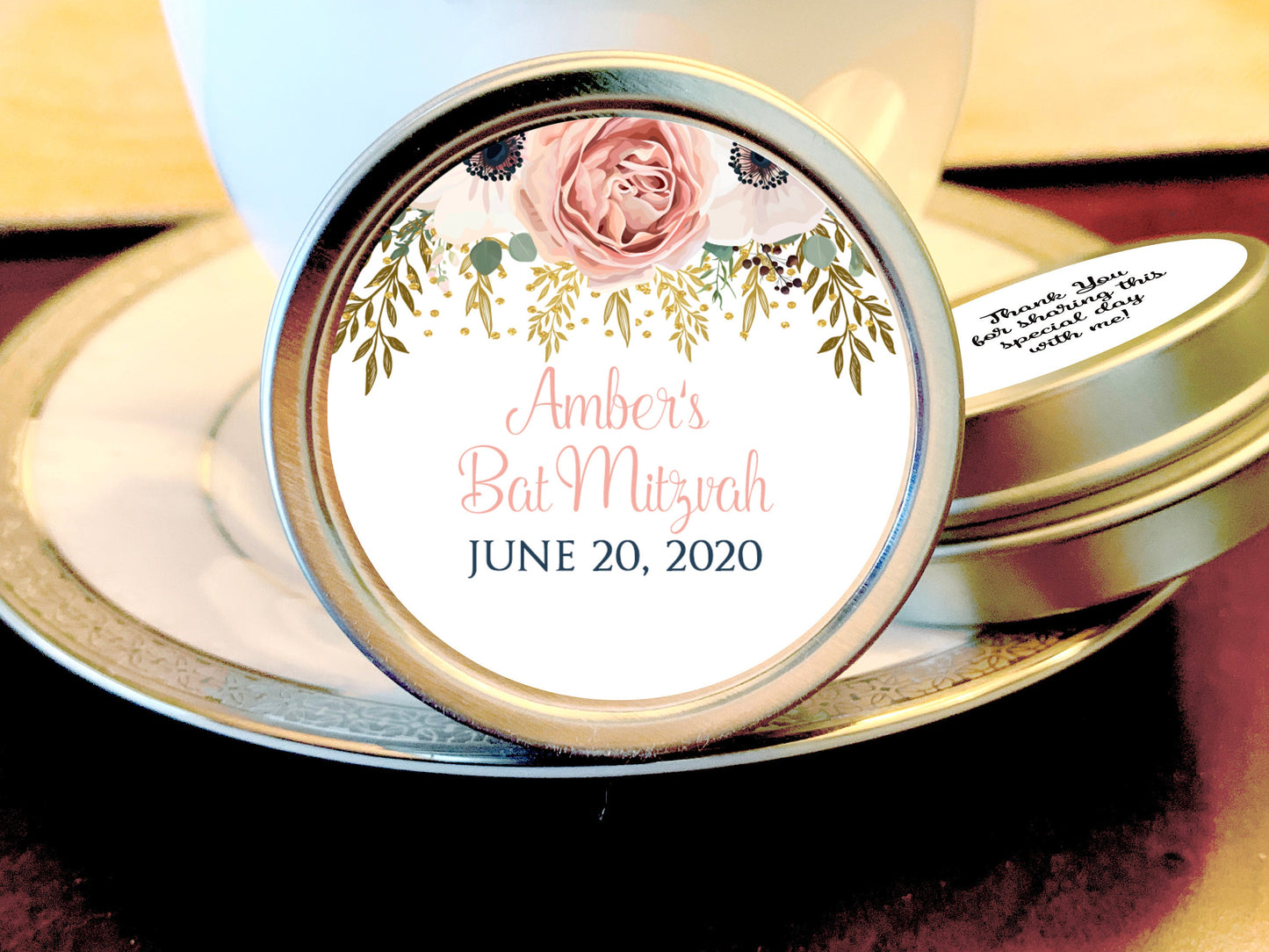 Personalized Peach Rose Floral Bat Mitzvah Favor Mint Tins
