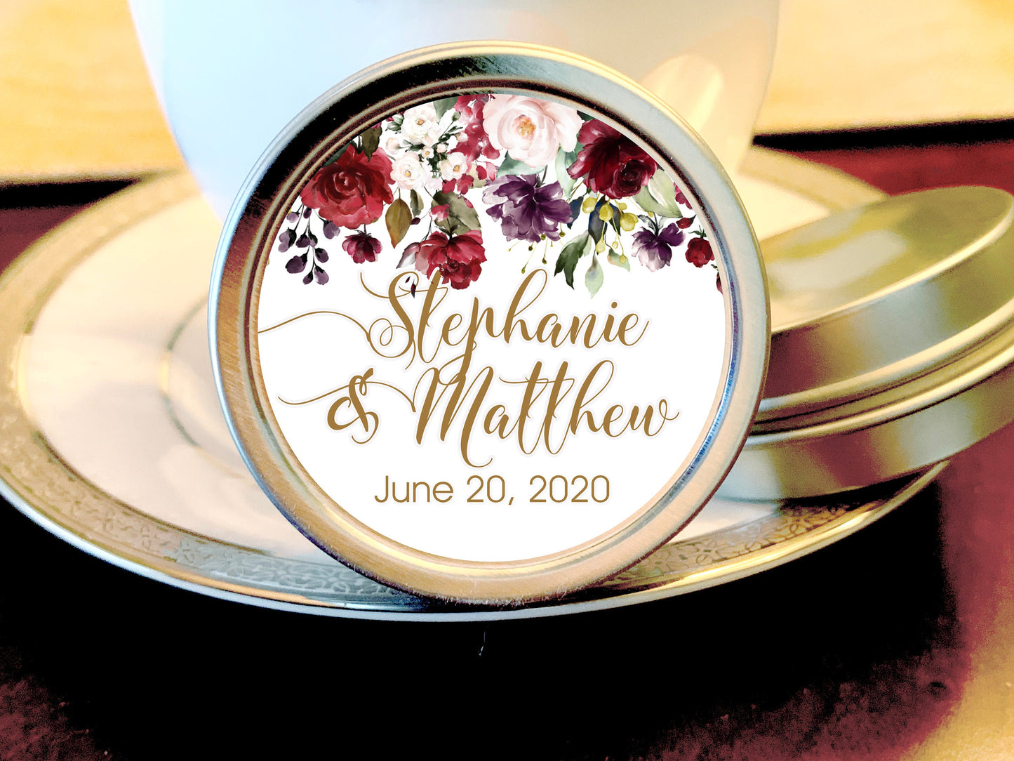 Custom Names Marsala Floral Wedding Favor Mint Tins