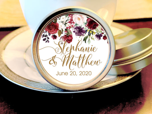Custom Names Marsala Floral Wedding Favor Mint Tins