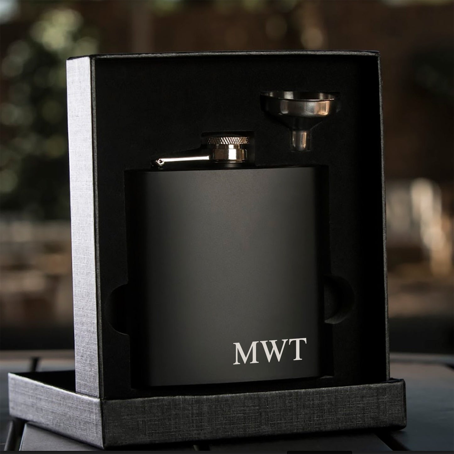 Classic Initials Black Engraved Flask | Gift Set Options Available