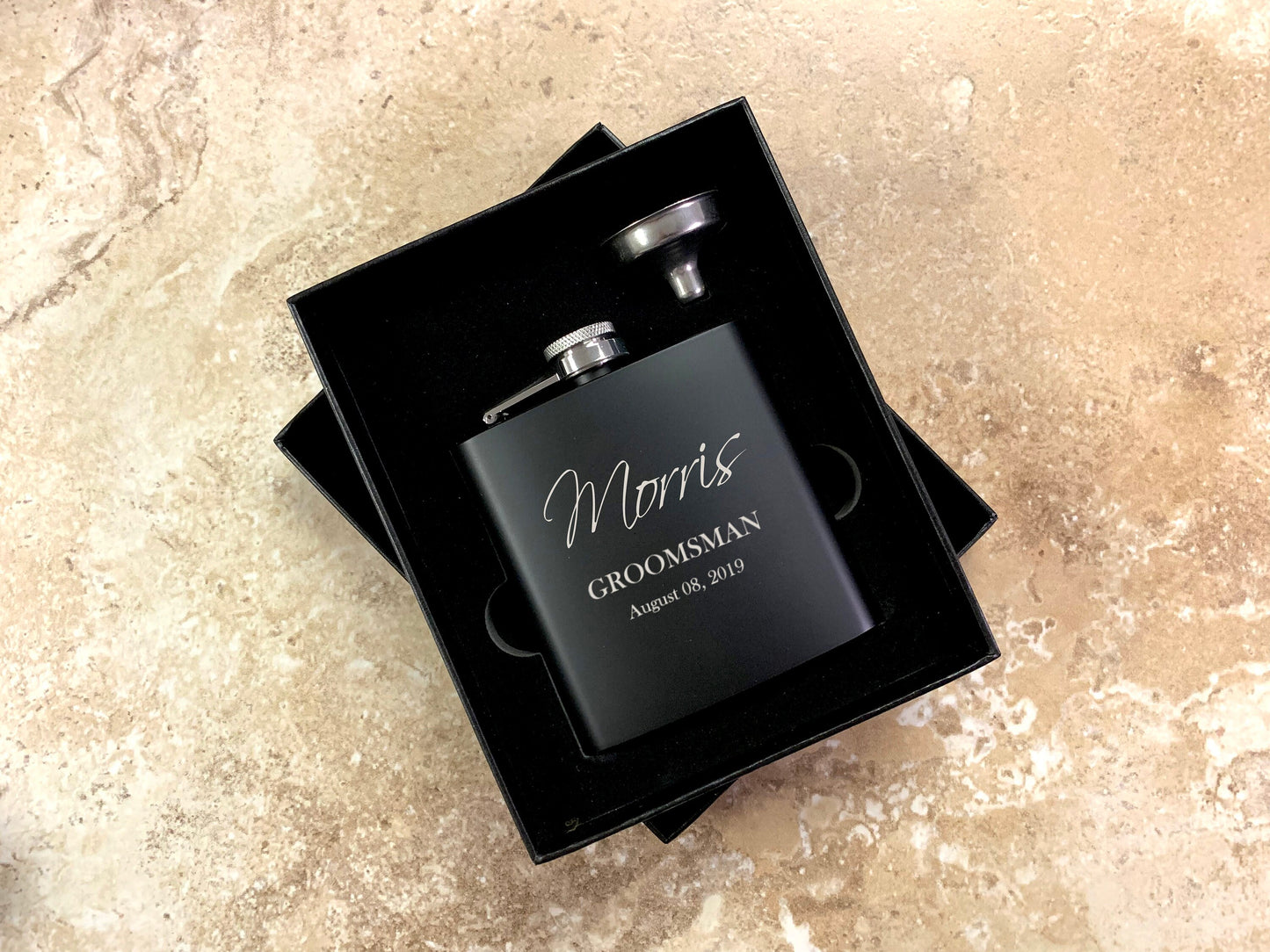 Custom Name Black Engraved Flask | Gift Set Options Available