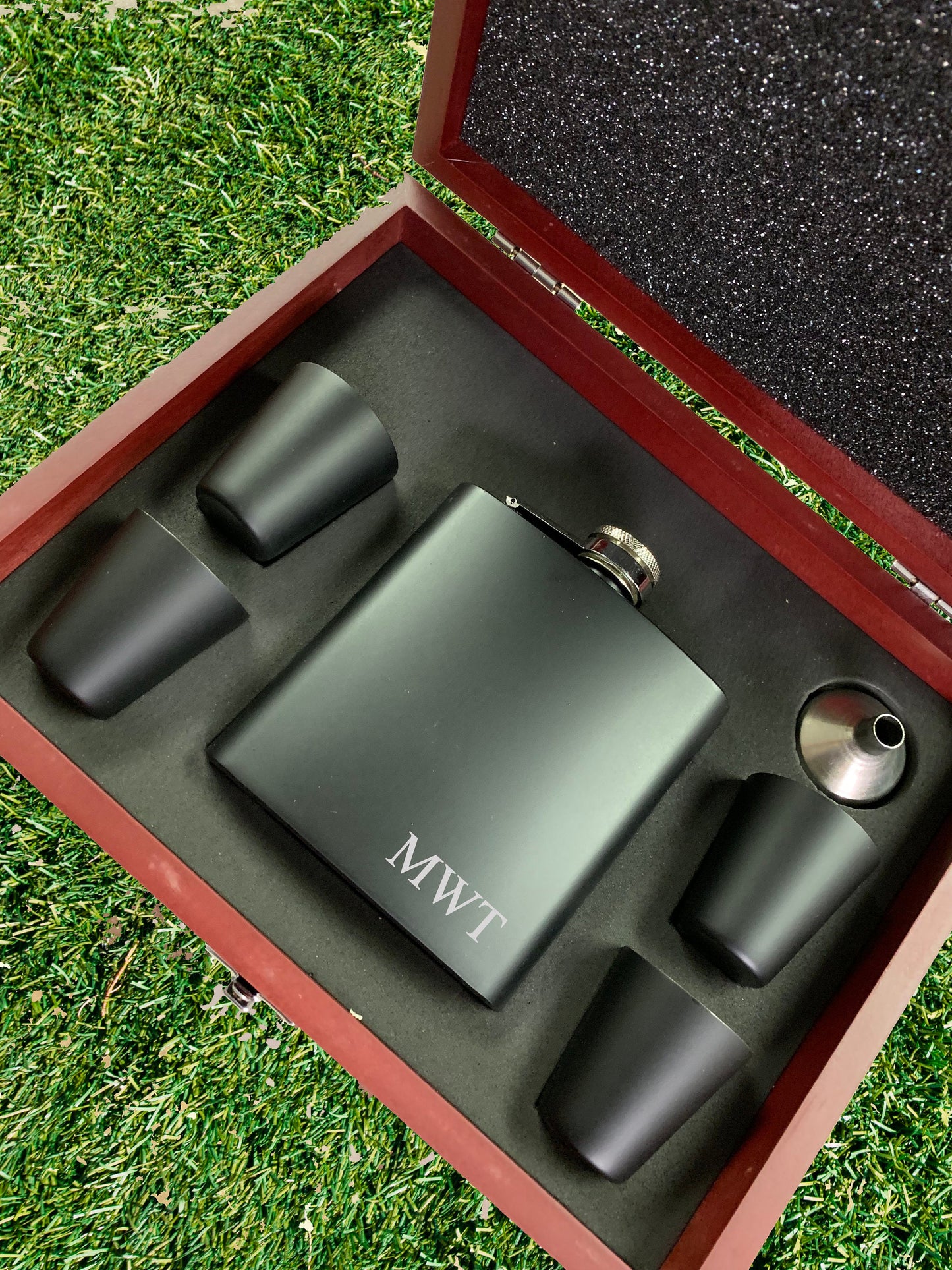 Classic Initials Black Engraved Flask | Gift Set Options Available