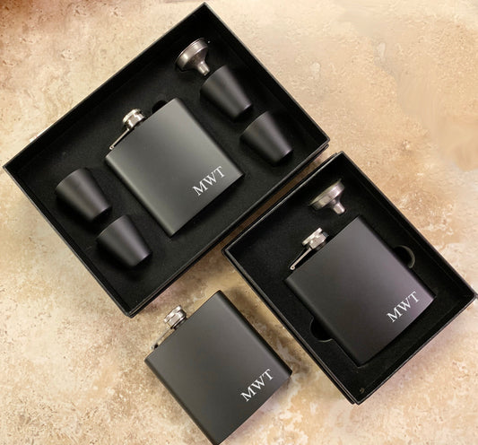 Classic Initials Black Engraved Flask | Gift Set Options Available