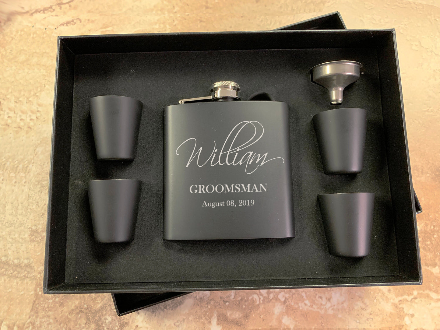 Custom Name Black Engraved Flask | Gift Set Options Available