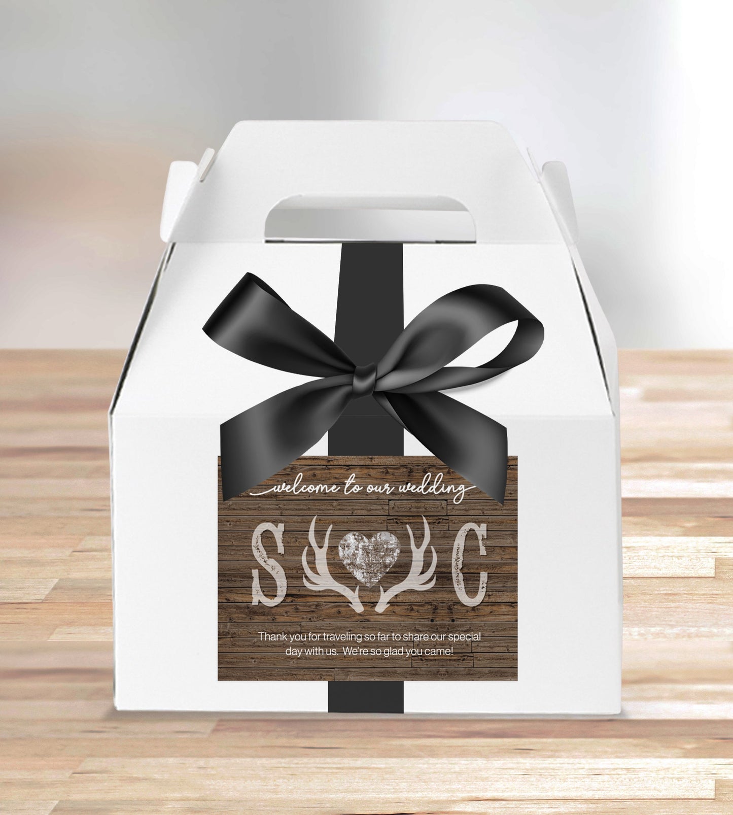 Personalized Rustic Heart and Antlers | Wedding Welcome Box Labels