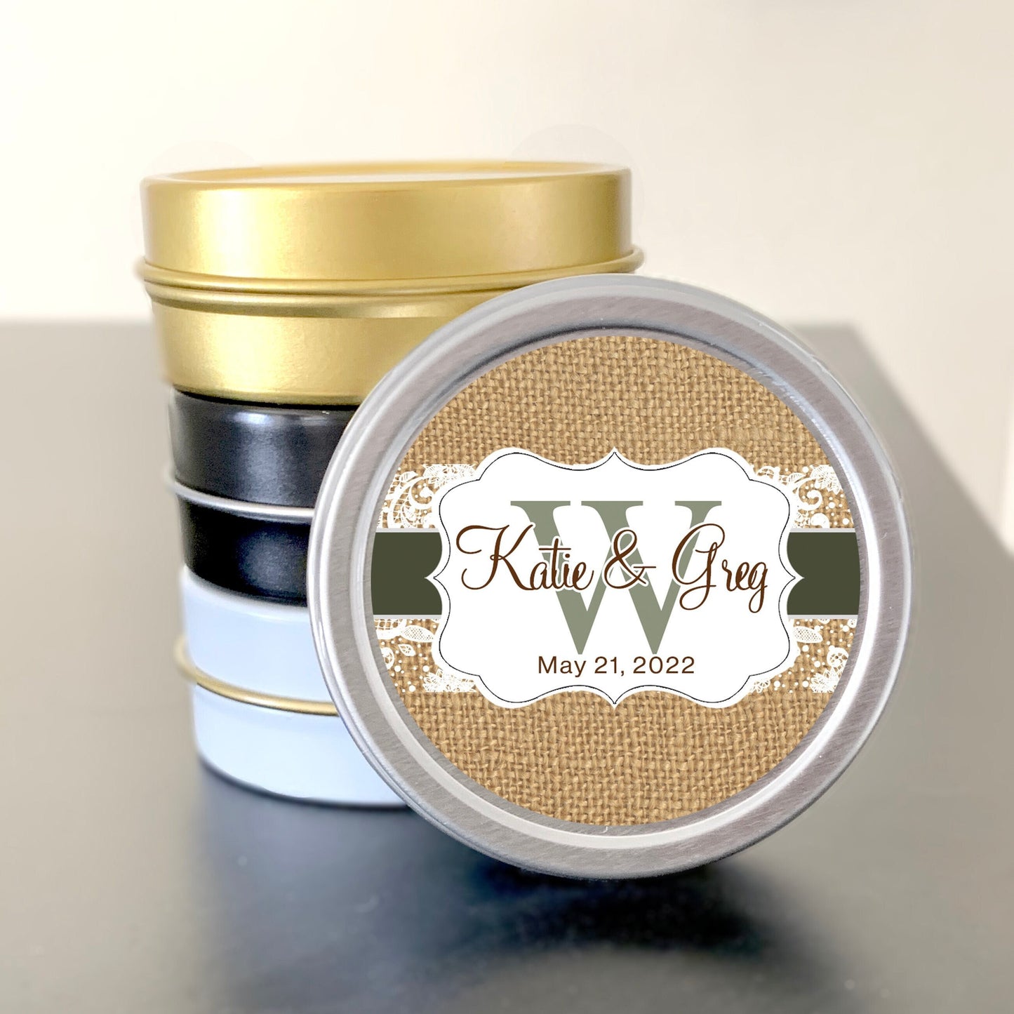 Personalized Burlap and Lace Wedding Favor Mint Tins