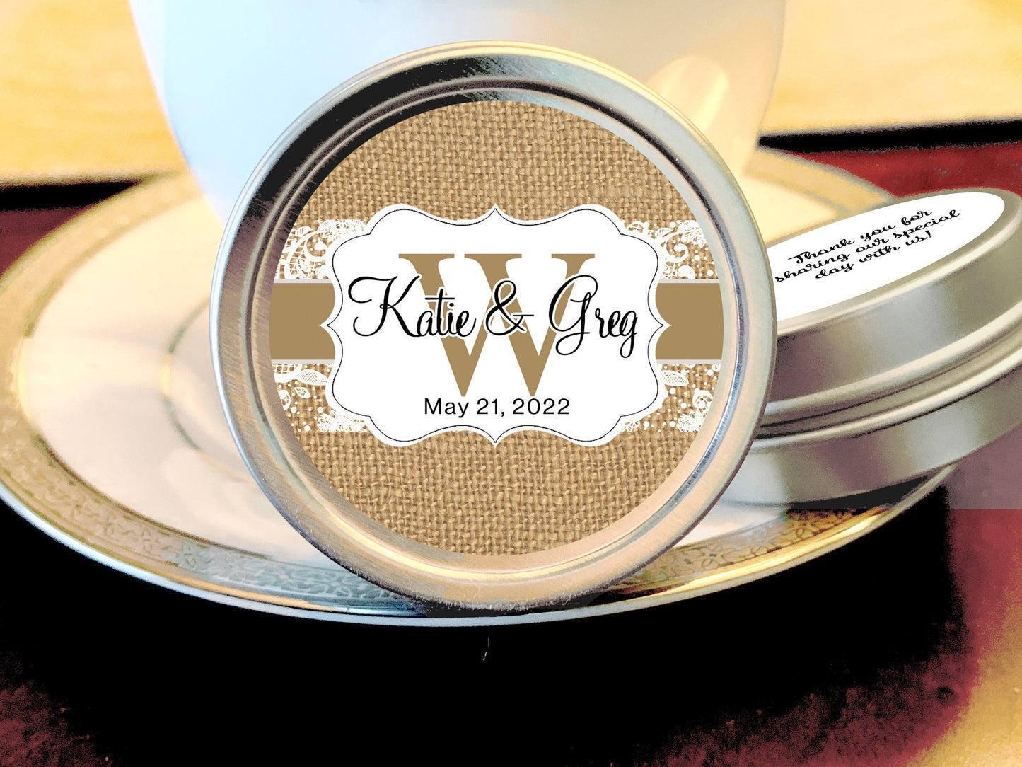 Personalized Burlap and Lace Wedding Favor Mint Tins