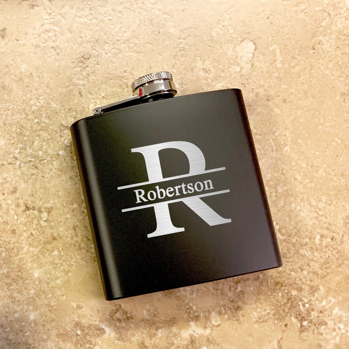 Banner Name and Initial Black Engraved Flask | Gift Set Options Available