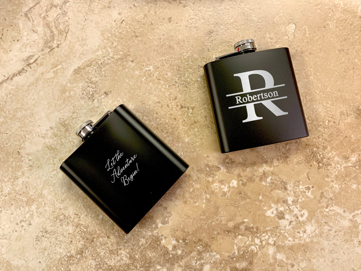 Banner Name and Initial Black Engraved Flask | Gift Set Options Available