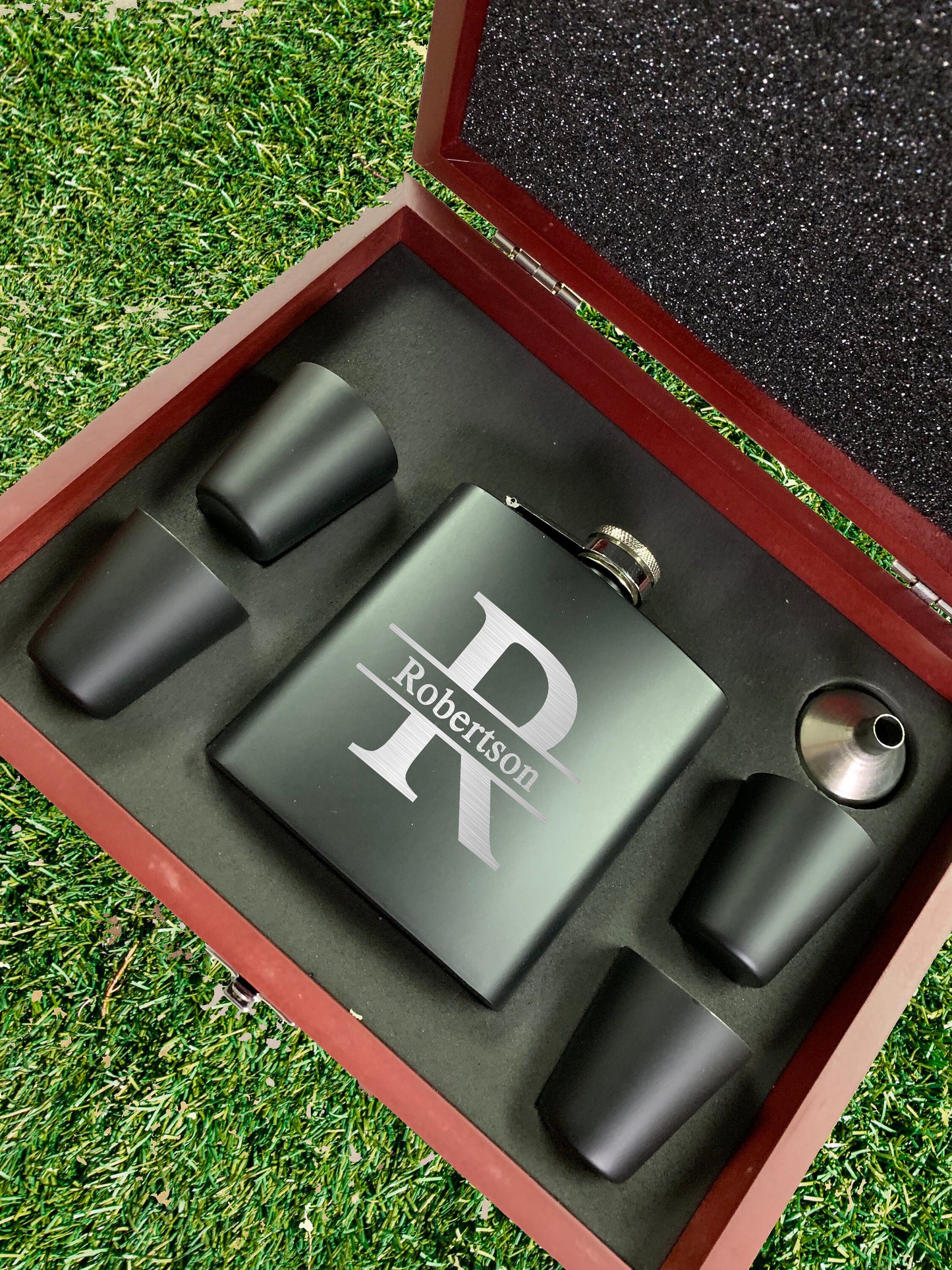 Banner Name and Initial Black Engraved Flask | Gift Set Options Available