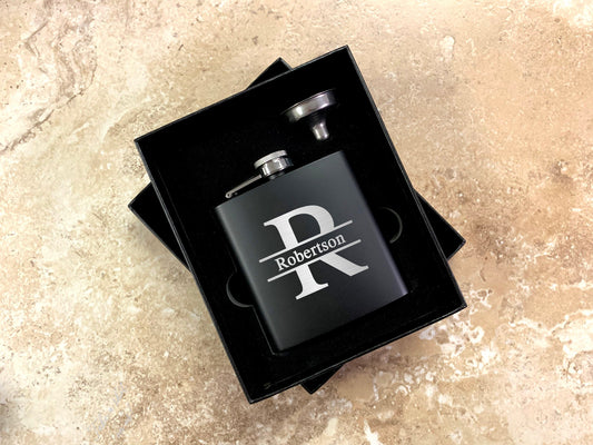 Banner Name and Initial Black Engraved Flask | Gift Set Options Available