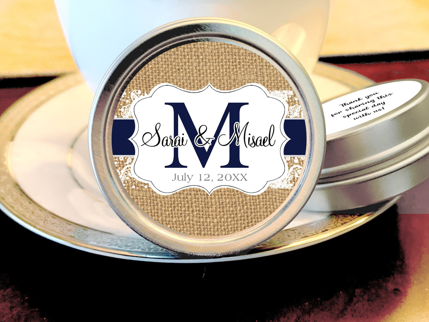 Personalized Burlap and Lace Wedding Favor Mint Tins
