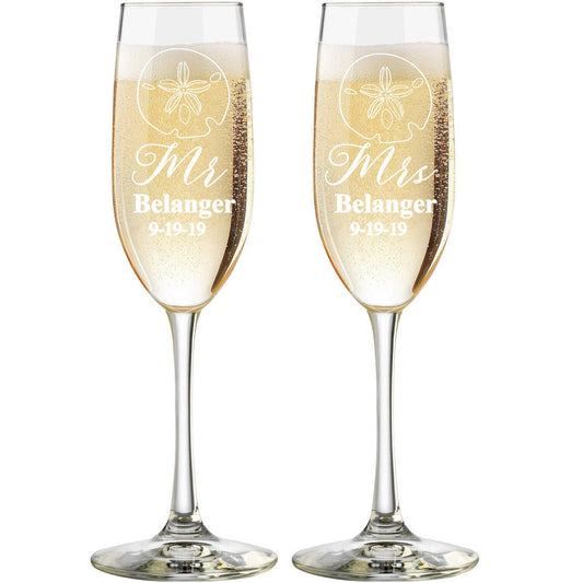 Personalized Mr. & Mrs. Beach | Sand Dollar | Champagne Toasting Flute Set