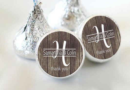 3/4" Wedding Kiss Stickers | Rustic | Carved Initial with Names