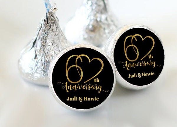 3/4" Personalized Anniversary Kiss Stickers | 60th Anniversary | Gold