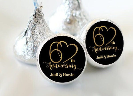 3/4" Personalized Anniversary Kiss Stickers | 60th Anniversary | Gold