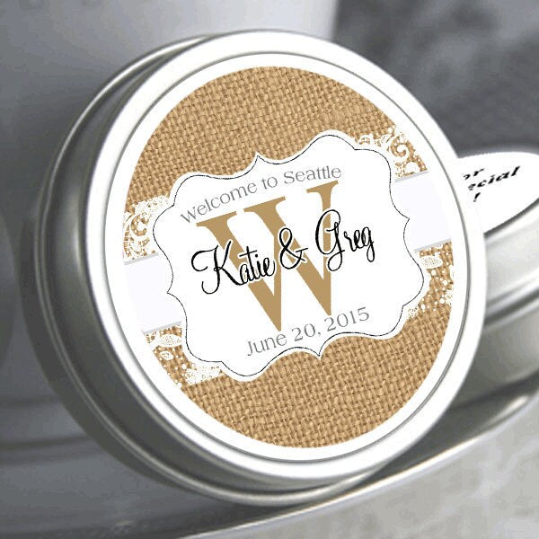 Personalized Burlap and Lace Wedding Favor Mint Tins