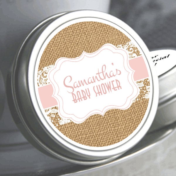 Personalized Burlap and Lace Baby Shower Favor Mint Tins