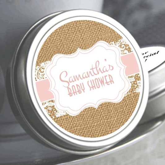 Personalized Burlap and Lace Baby Shower Favor Mint Tins